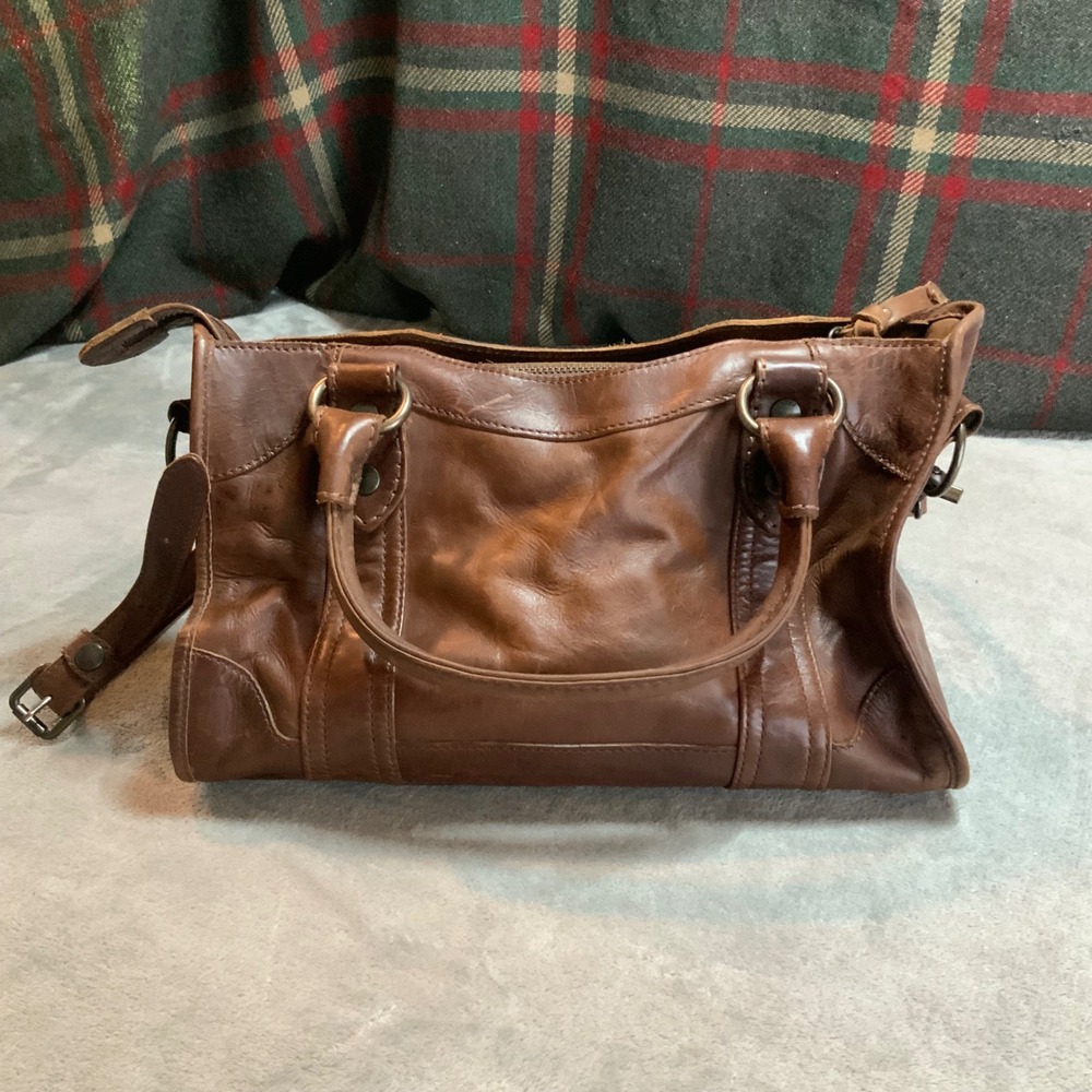 Frye Melissa Cognac Brown Leather Satchel Shoulder Bag Antique Brass Hardware